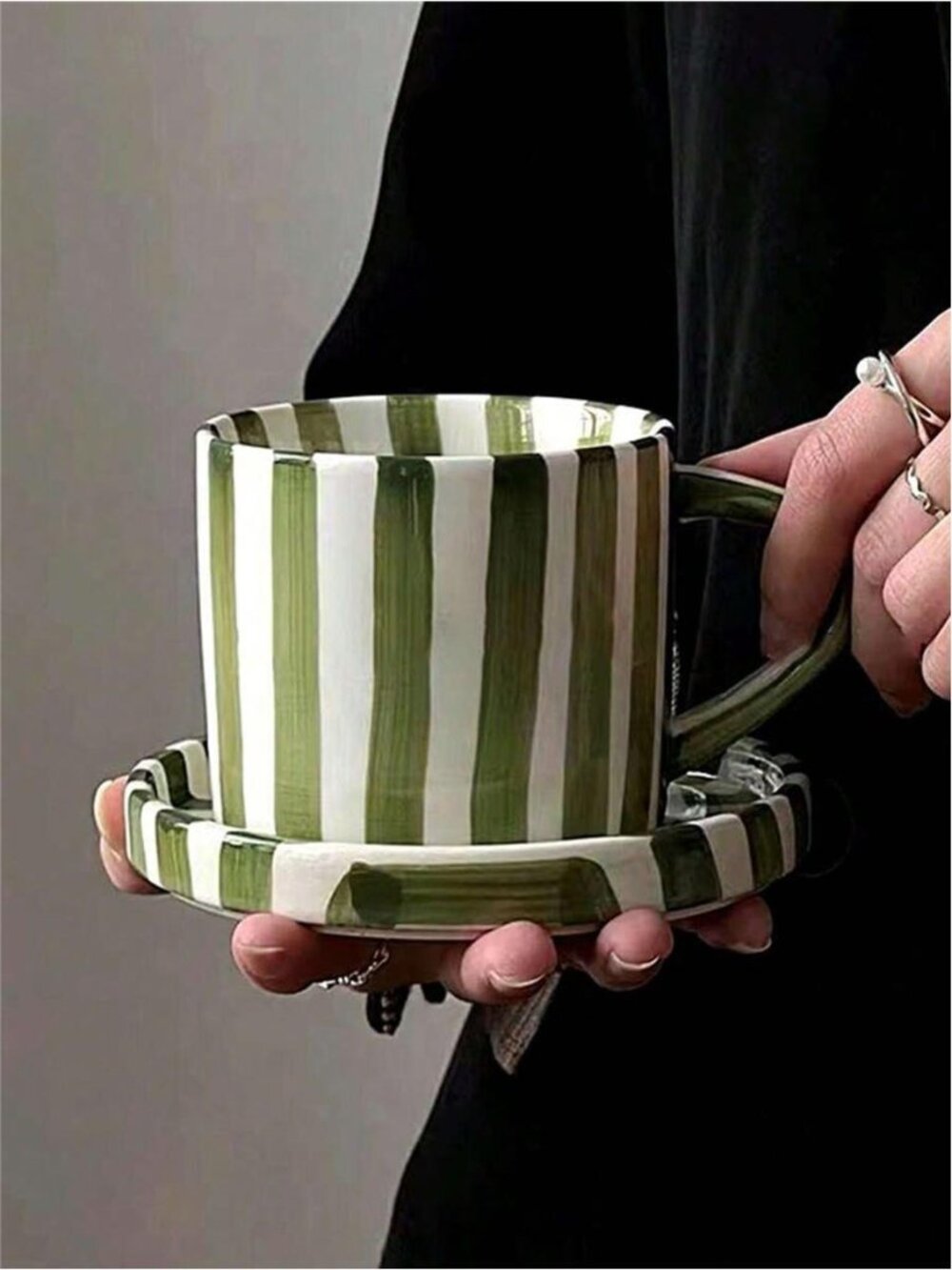 Nordic Striped Ceramic Coffee Cup & Saucer Set Tea Mug Modern Kitchen Decor